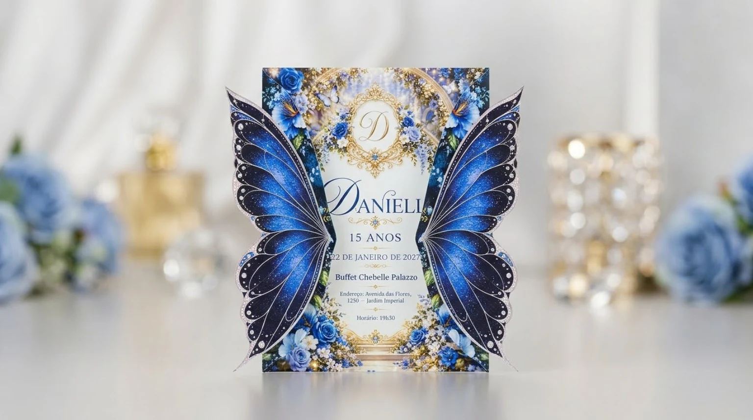 Convite real Borboleta Imperial em azul, com asas grandes e flores delicadas