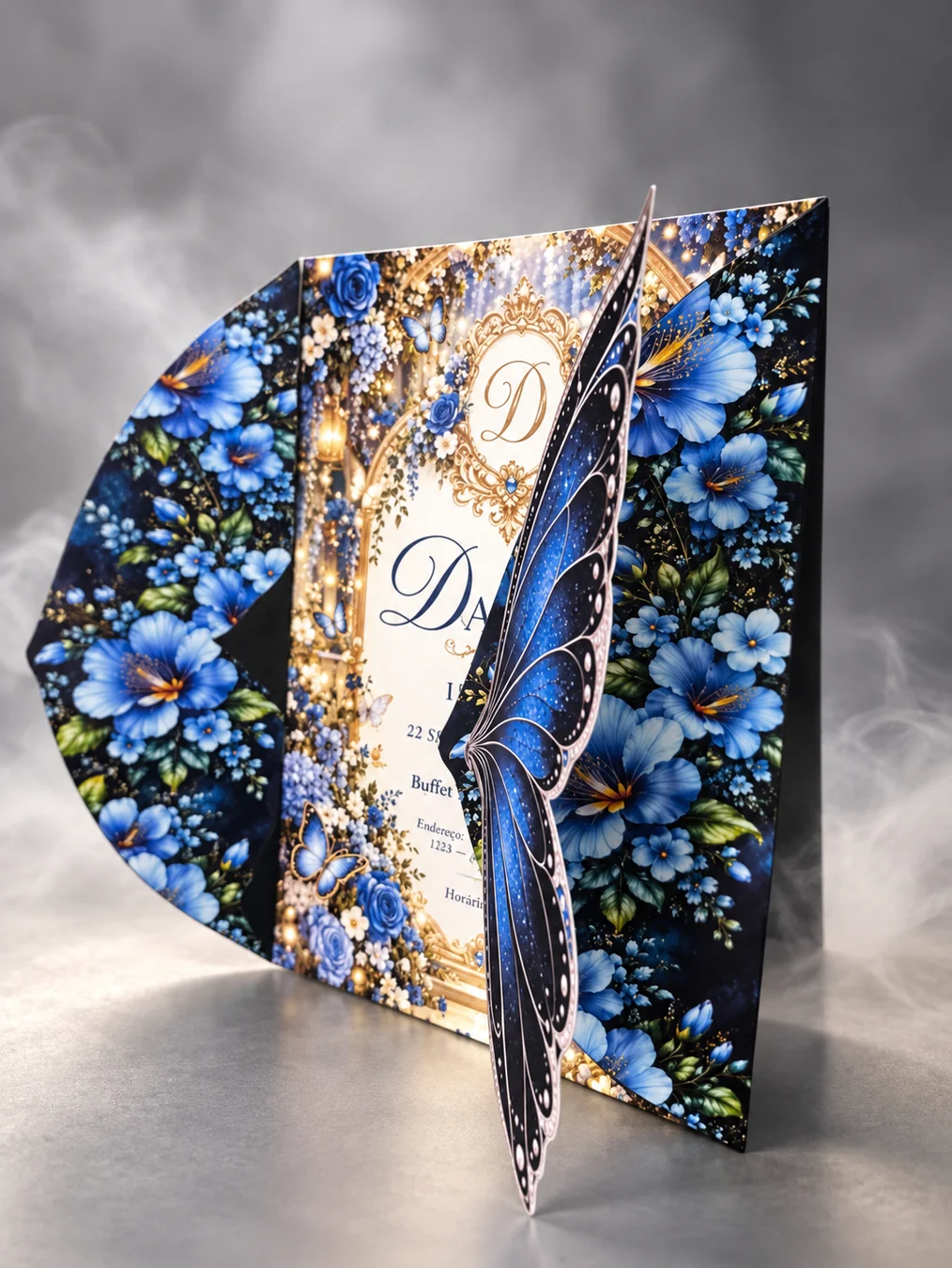 Borboleta Imperial Luxo: asas em 3D e revestimento floral azul em alta resolução nas partes externa e interna